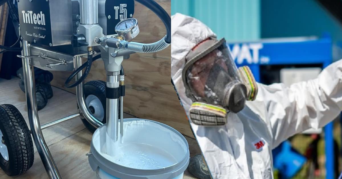 Profi-Maler in Schutzausrüstung mit TriTech T5 Spritzgerät
